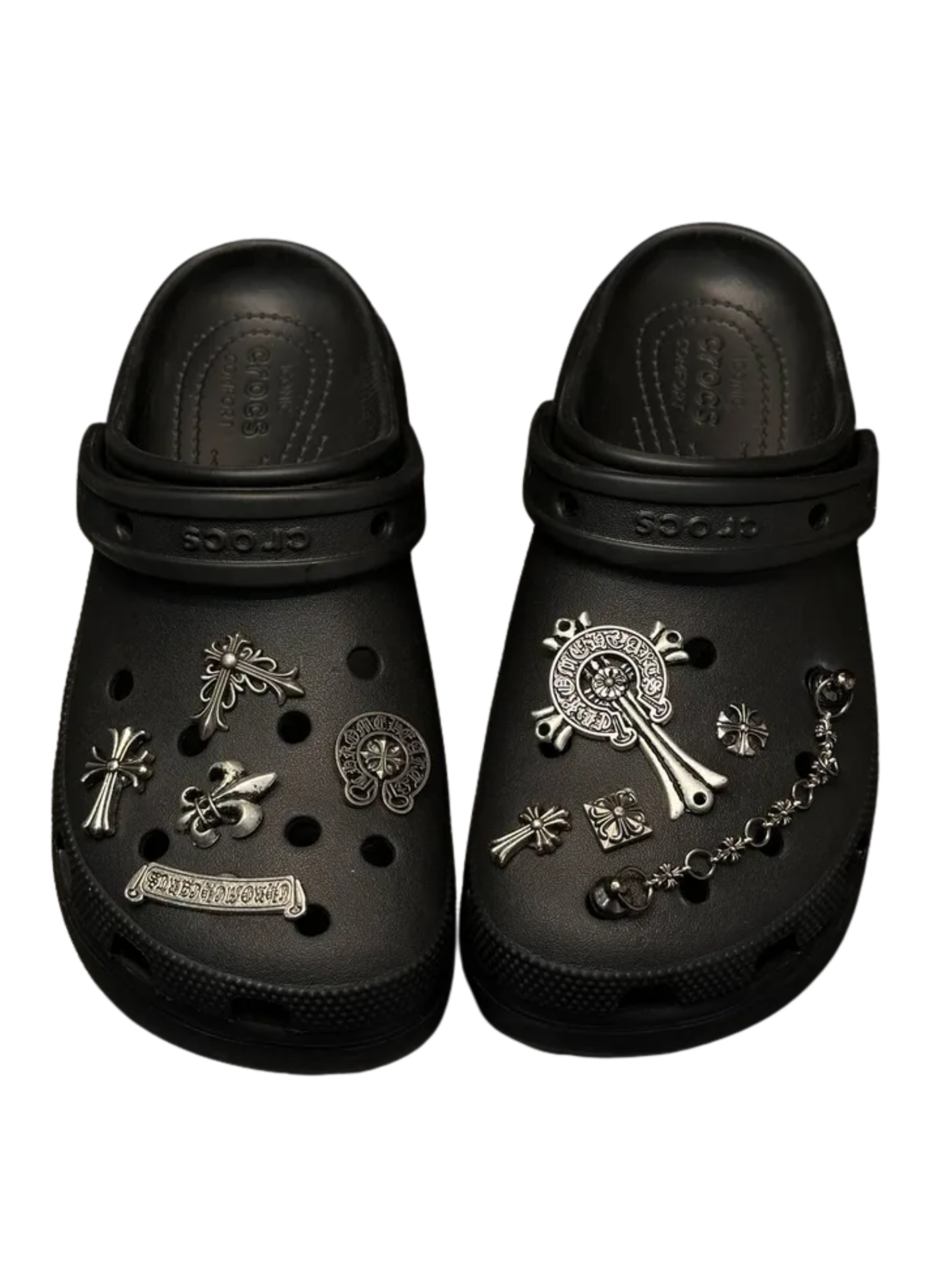 CH 10 PCS Gothic Chrome Metal Crocs Charms Set – Premium Silver Cross, Dagger & Fleur Shoe Accessories