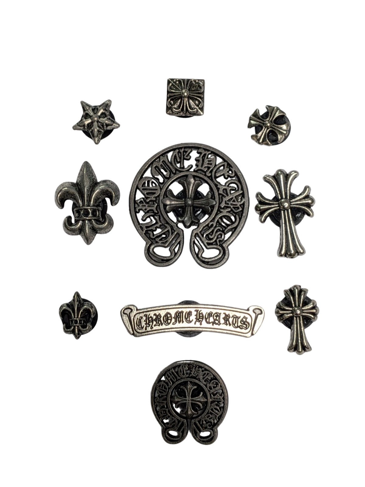 CH 10 PCS Gothic Chrome Metal Crocs Charms Set – Premium Silver Cross, Dagger & Fleur Shoe Accessories